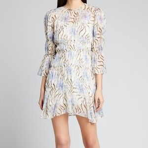 NWT Cinq à Sept June Printed Silk Mini Dress Blue Floral Zebra Bell Sleeve Sz 12